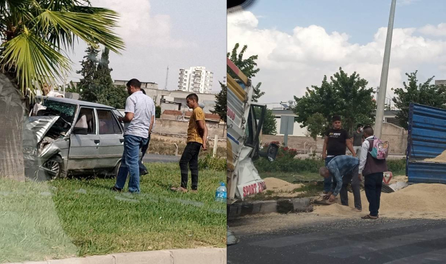 Buğday yüklü kamyon otomobil ile çarpıştı