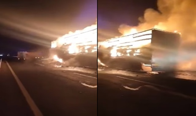 Urfa'da gece yarısı büyük yangın! Tır küle döndü