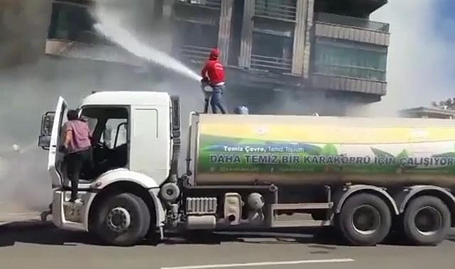 Karaköprü'de belediye aracı itfaiyeye destek verdi