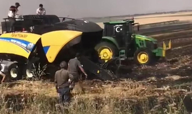 Saman balyası yapan makine alev alev yandı