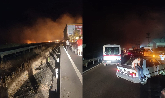 Anız yangını nedeniyle trafik akışı durdu