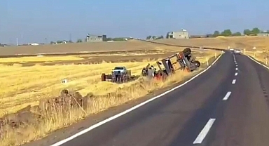 Urfa’da domates yüklü kamyon şarampole devrildi!