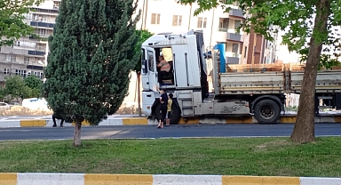 Direksiyonu kilitlenen tır kaldırıma çıktı