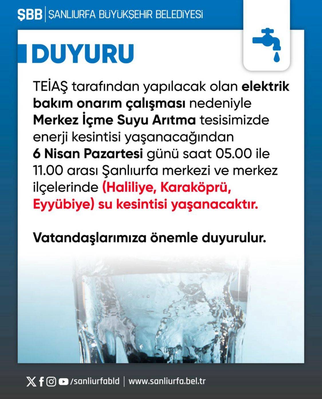 Urfa'da Su Kesintisi: 3 Merkez İlçe Etkilenecek!