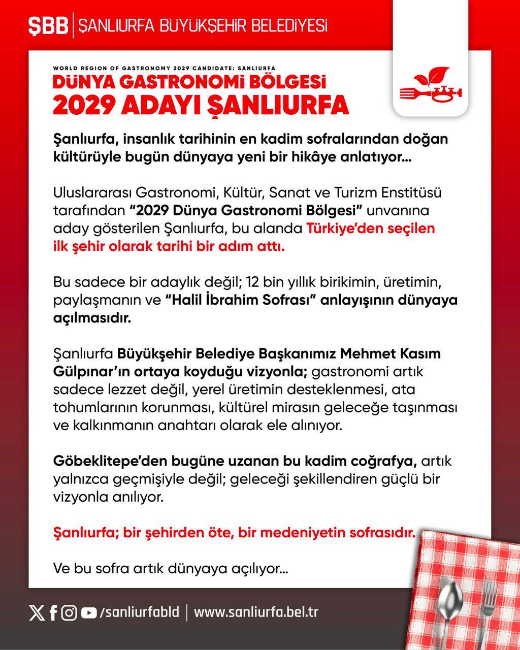 Şanlıurfa Dünya Gastronomi Bölgesi’ne Aday Gösterildi